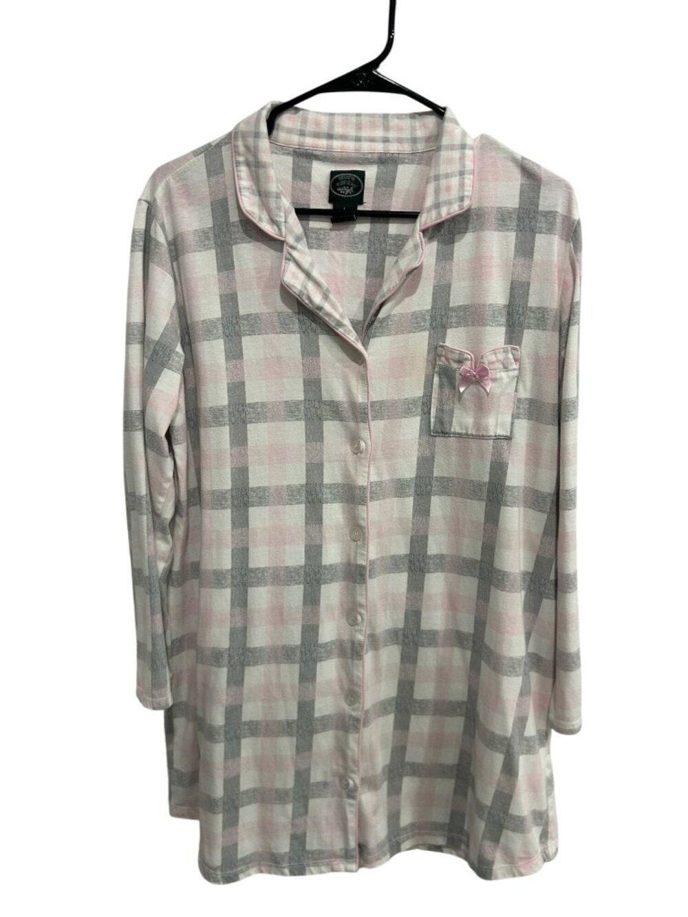 Laura Ashley Large Pink Gray Plaid Button-Up Nightshirt Cotton Cozycore Retro